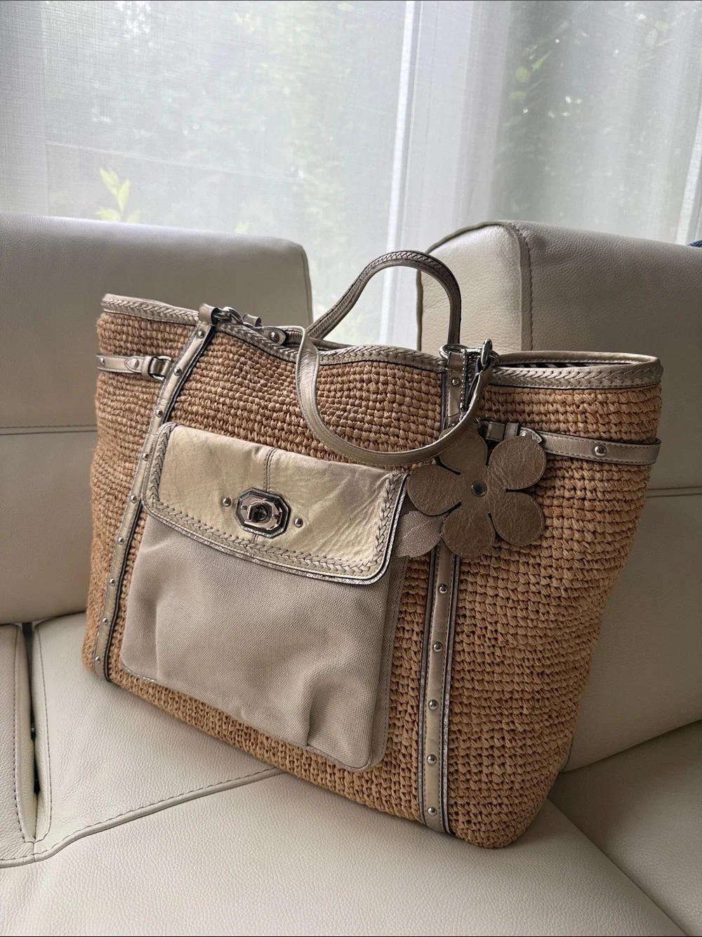 Coach Leather Creed Patch Embellished Straw Tote Bag